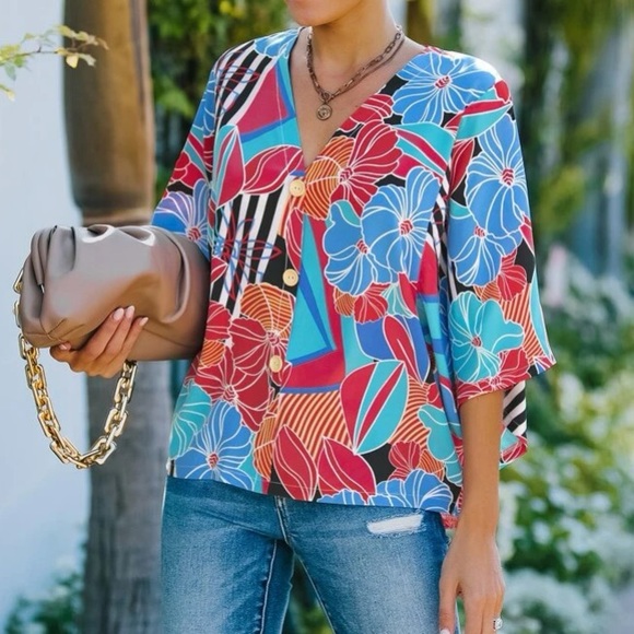 Boho floral print batwing sleeve blouse blouse - Picture 6 of 7